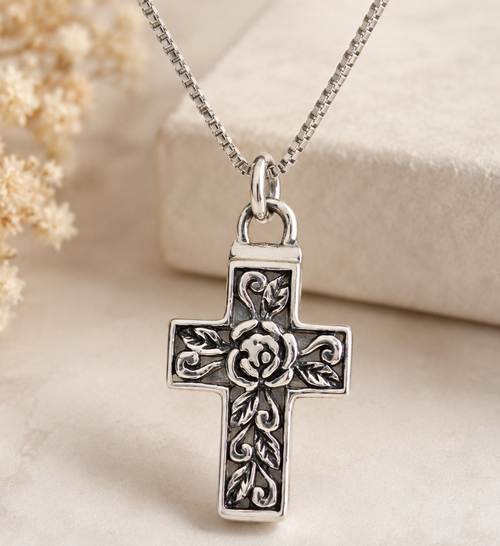 925 Sterling Silver Rose Cross Locket 925 Necklace 24" Box Chain Floral Layering